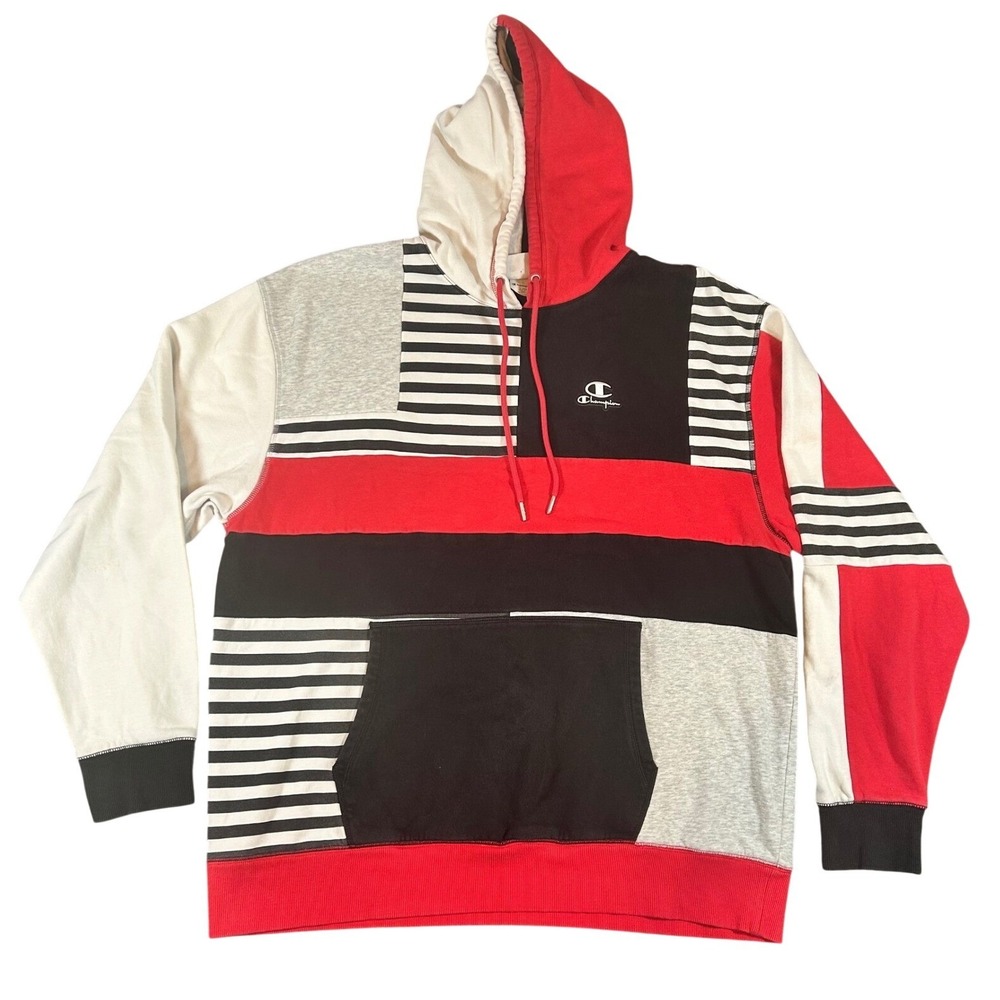 Champion Mens Classic Fleece Patchwork Hoodie Red Black White Striped‎ XL Y2K